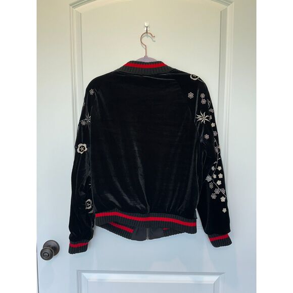 Miss Me Velour Embroidered Bomber Jacket Black with red trim Size Small - Picture 4 of 11